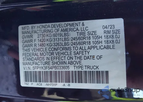 2023 Honda Ridgeline Rtl from USA, damaged, VIN 5FPYK3F54PB033605